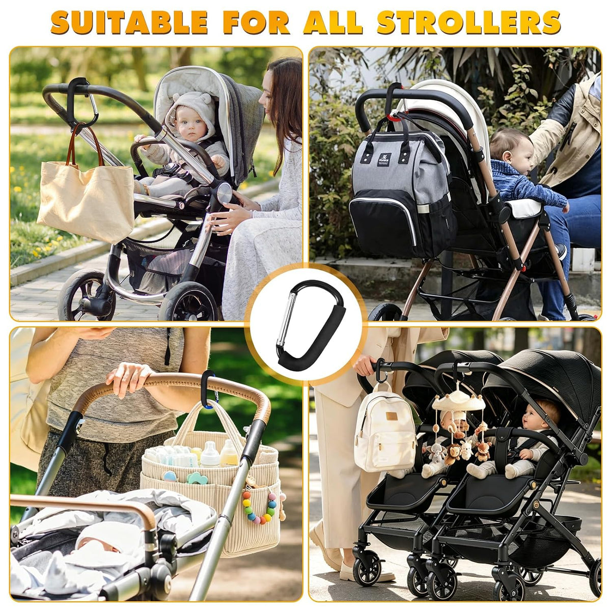 Stroller Hooks 4 Pack, 6.3" Black Baby Stroller Clips for Baby Diaper Bag, Grocery, Purse, Hanging Bags, Mommy Hook Backpack Accessories for Outdoor, Camping and Hiking, Large Carabiner Clip