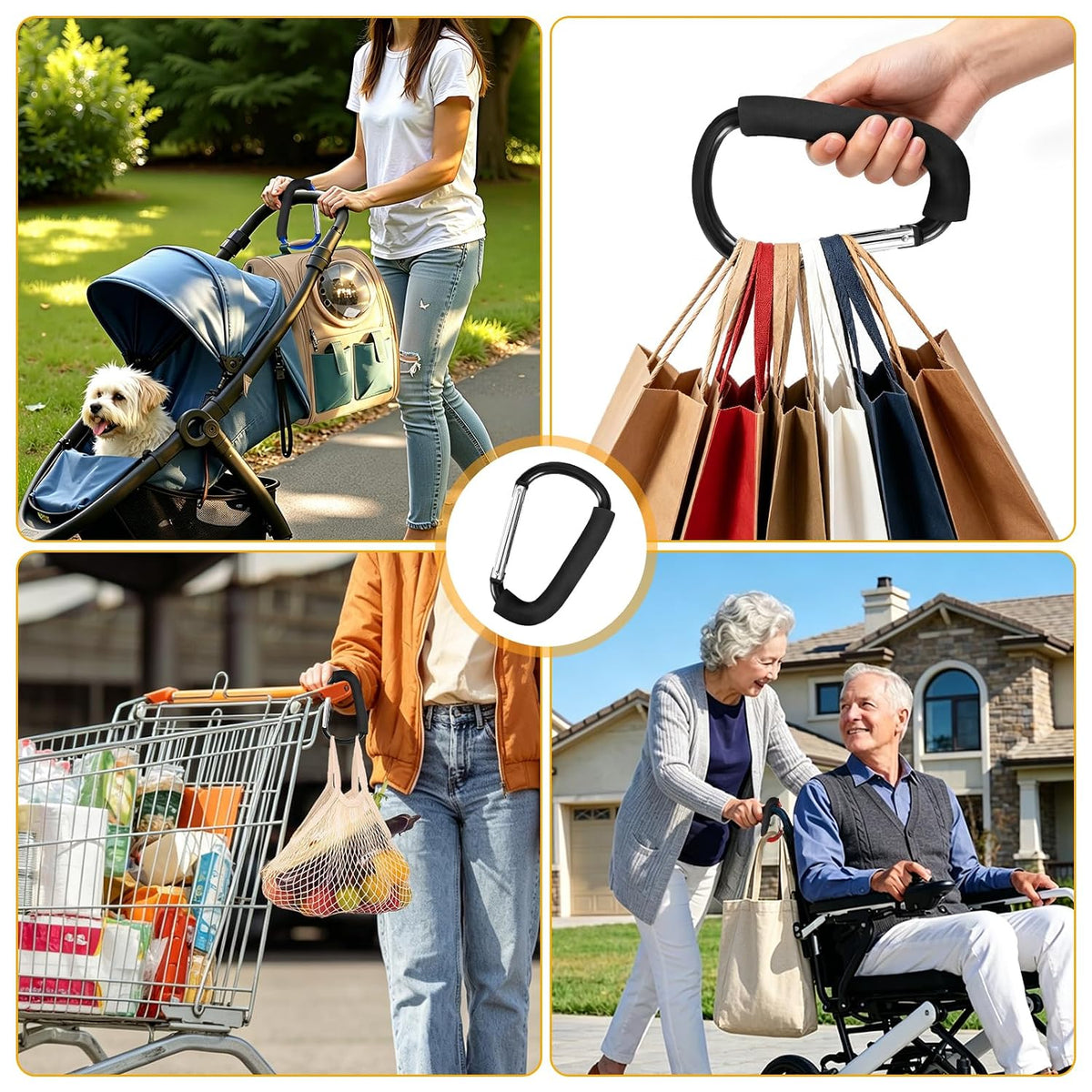 Stroller Hooks 4 Pack, 6.3" Black Baby Stroller Clips for Baby Diaper Bag, Grocery, Purse, Hanging Bags, Mommy Hook Backpack Accessories for Outdoor, Camping and Hiking, Large Carabiner Clip