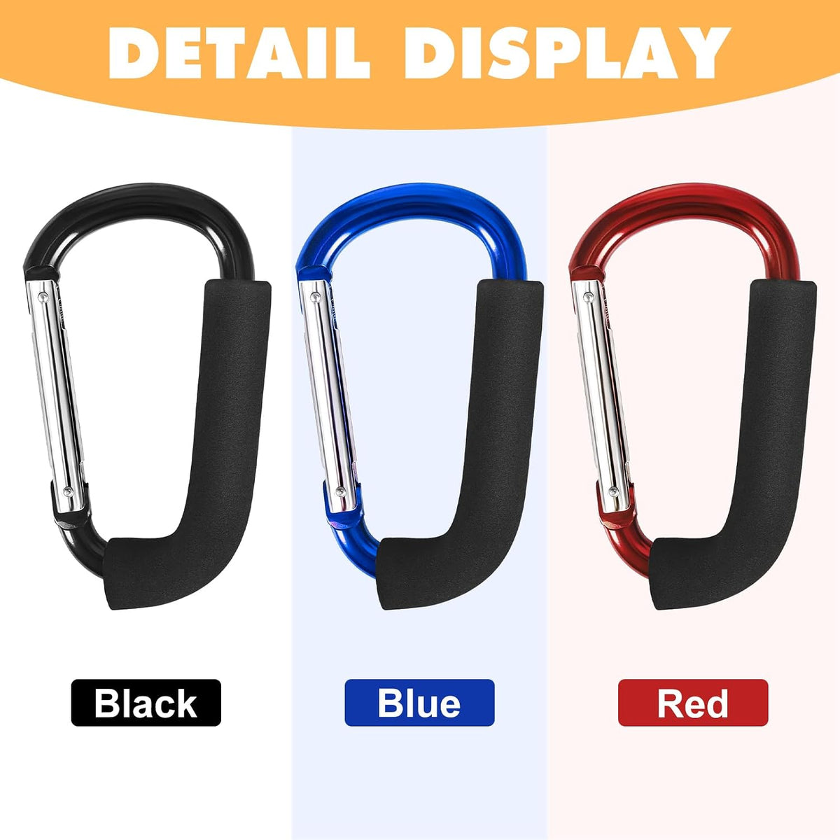 Stroller Hooks 4 Pack, 6.3" Black Baby Stroller Clips for Baby Diaper Bag, Grocery, Purse, Hanging Bags, Mommy Hook Backpack Accessories for Outdoor, Camping and Hiking, Large Carabiner Clip