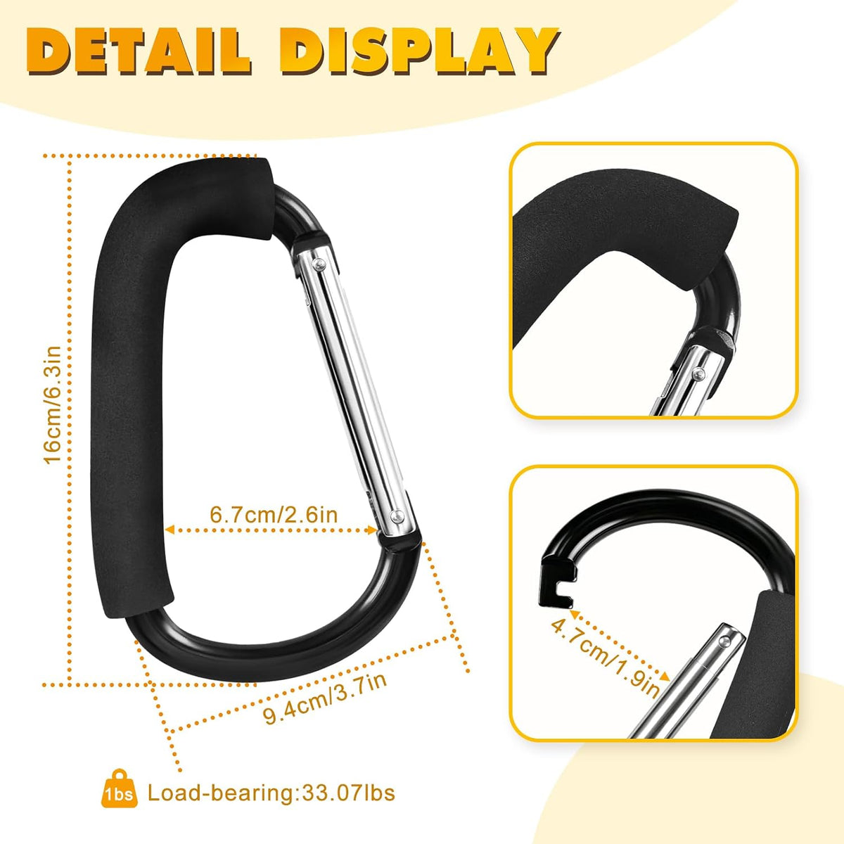 Stroller Hooks 4 Pack, 6.3" Black Baby Stroller Clips for Baby Diaper Bag, Grocery, Purse, Hanging Bags, Mommy Hook Backpack Accessories for Outdoor, Camping and Hiking, Large Carabiner Clip