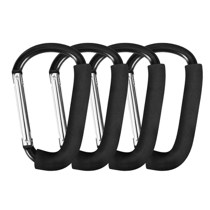 Stroller Hooks 4 Pack, 6.3" Black Baby Stroller Clips for Baby Diaper Bag, Grocery, Purse, Hanging Bags, Mommy Hook Backpack Accessories for Outdoor, Camping and Hiking, Large Carabiner Clip