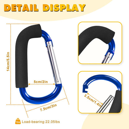 Stroller Hooks 4 Pack, 6.3" Black Baby Stroller Clips for Baby Diaper Bag, Grocery, Purse, Hanging Bags, Mommy Hook Backpack Accessories for Outdoor, Camping and Hiking, Large Carabiner Clip