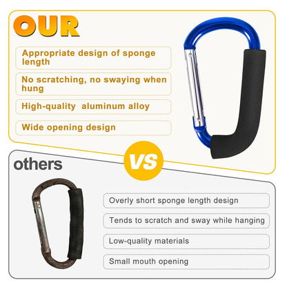 Stroller Hooks 4 Pack, 6.3" Black Baby Stroller Clips for Baby Diaper Bag, Grocery, Purse, Hanging Bags, Mommy Hook Backpack Accessories for Outdoor, Camping and Hiking, Large Carabiner Clip
