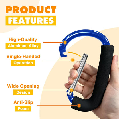 Stroller Hooks 4 Pack, 6.3" Black Baby Stroller Clips for Baby Diaper Bag, Grocery, Purse, Hanging Bags, Mommy Hook Backpack Accessories for Outdoor, Camping and Hiking, Large Carabiner Clip