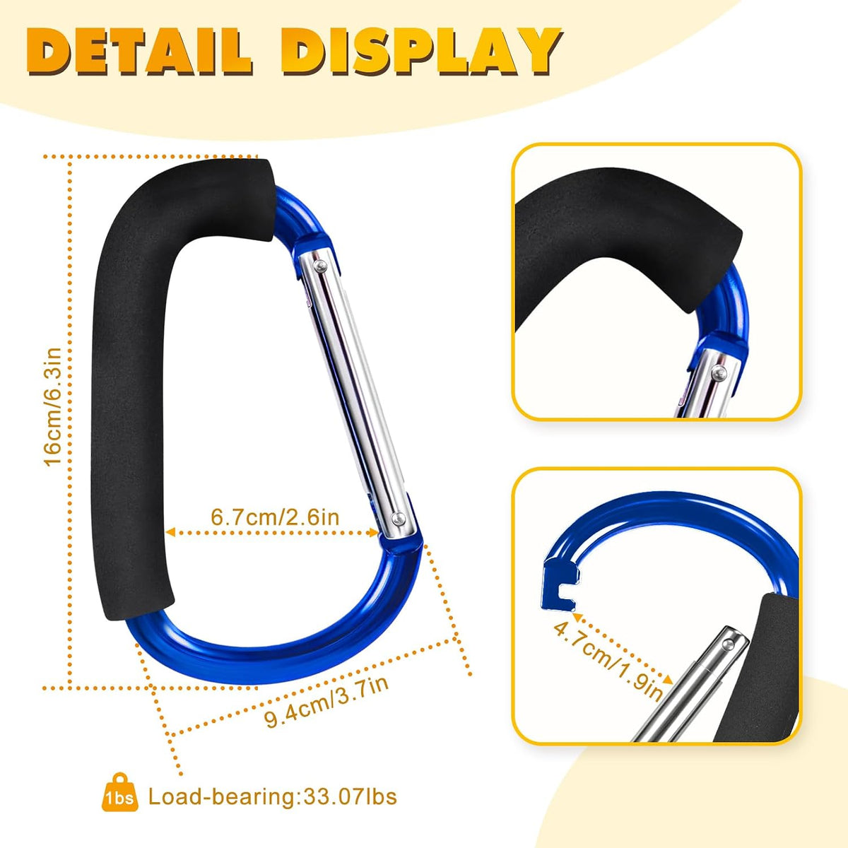 Stroller Hooks 4 Pack, 6.3" Black Baby Stroller Clips for Baby Diaper Bag, Grocery, Purse, Hanging Bags, Mommy Hook Backpack Accessories for Outdoor, Camping and Hiking, Large Carabiner Clip