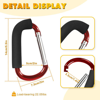 Stroller Hooks 4 Pack, 6.3" Black Baby Stroller Clips for Baby Diaper Bag, Grocery, Purse, Hanging Bags, Mommy Hook Backpack Accessories for Outdoor, Camping and Hiking, Large Carabiner Clip