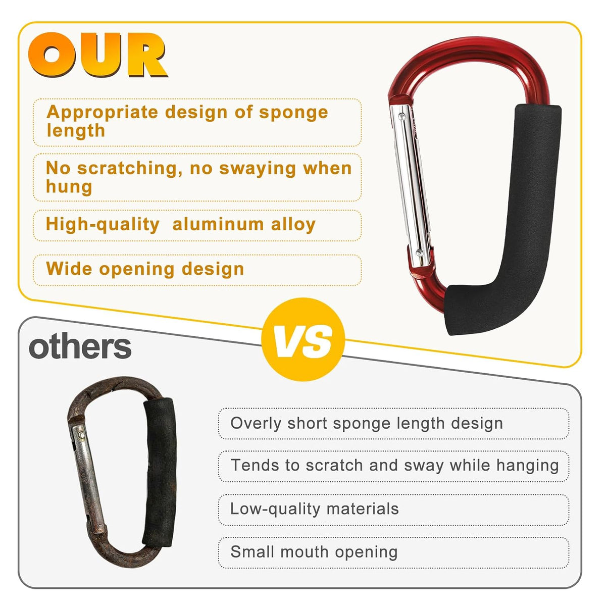 Stroller Hooks 4 Pack, 6.3" Black Baby Stroller Clips for Baby Diaper Bag, Grocery, Purse, Hanging Bags, Mommy Hook Backpack Accessories for Outdoor, Camping and Hiking, Large Carabiner Clip