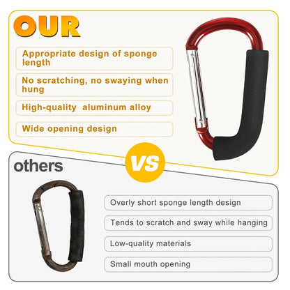 Stroller Hooks 4 Pack, 6.3" Black Baby Stroller Clips for Baby Diaper Bag, Grocery, Purse, Hanging Bags, Mommy Hook Backpack Accessories for Outdoor, Camping and Hiking, Large Carabiner Clip