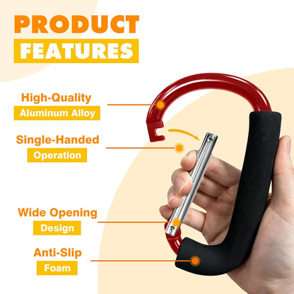 Stroller Hooks 4 Pack, 6.3" Black Baby Stroller Clips for Baby Diaper Bag, Grocery, Purse, Hanging Bags, Mommy Hook Backpack Accessories for Outdoor, Camping and Hiking, Large Carabiner Clip