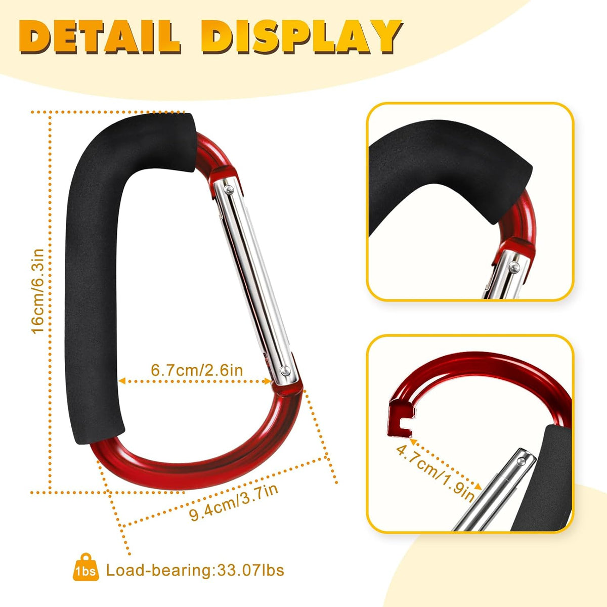 Stroller Hooks 4 Pack, 6.3" Black Baby Stroller Clips for Baby Diaper Bag, Grocery, Purse, Hanging Bags, Mommy Hook Backpack Accessories for Outdoor, Camping and Hiking, Large Carabiner Clip