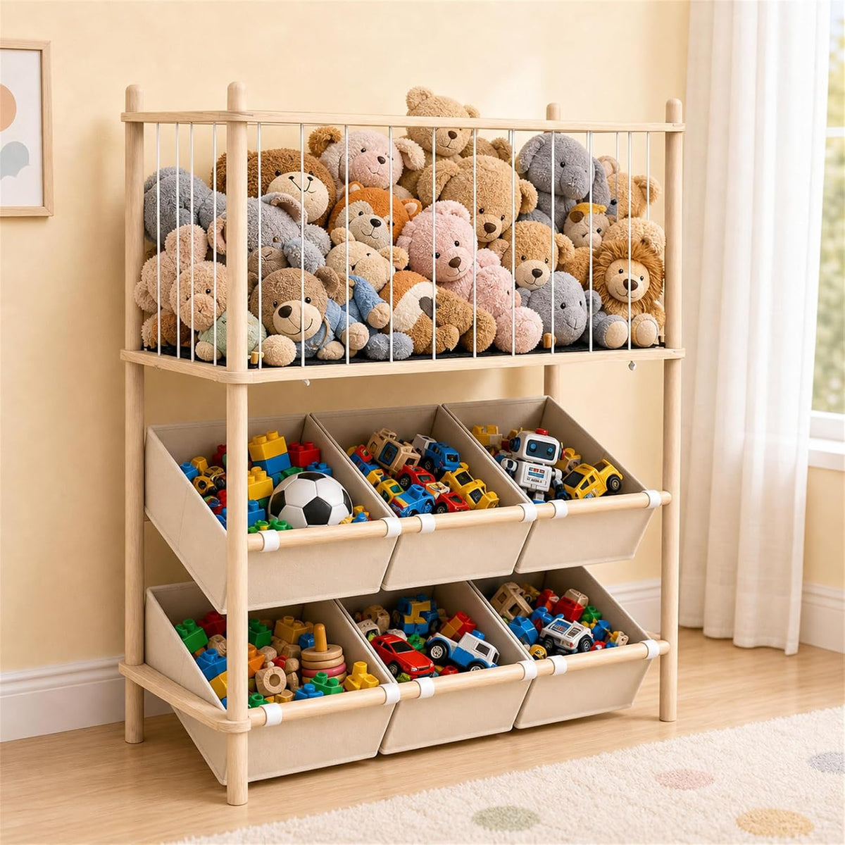 2-in-1 Stuffed Animal Storage & Toy Organizer for Kids Rooms, 6 Bins