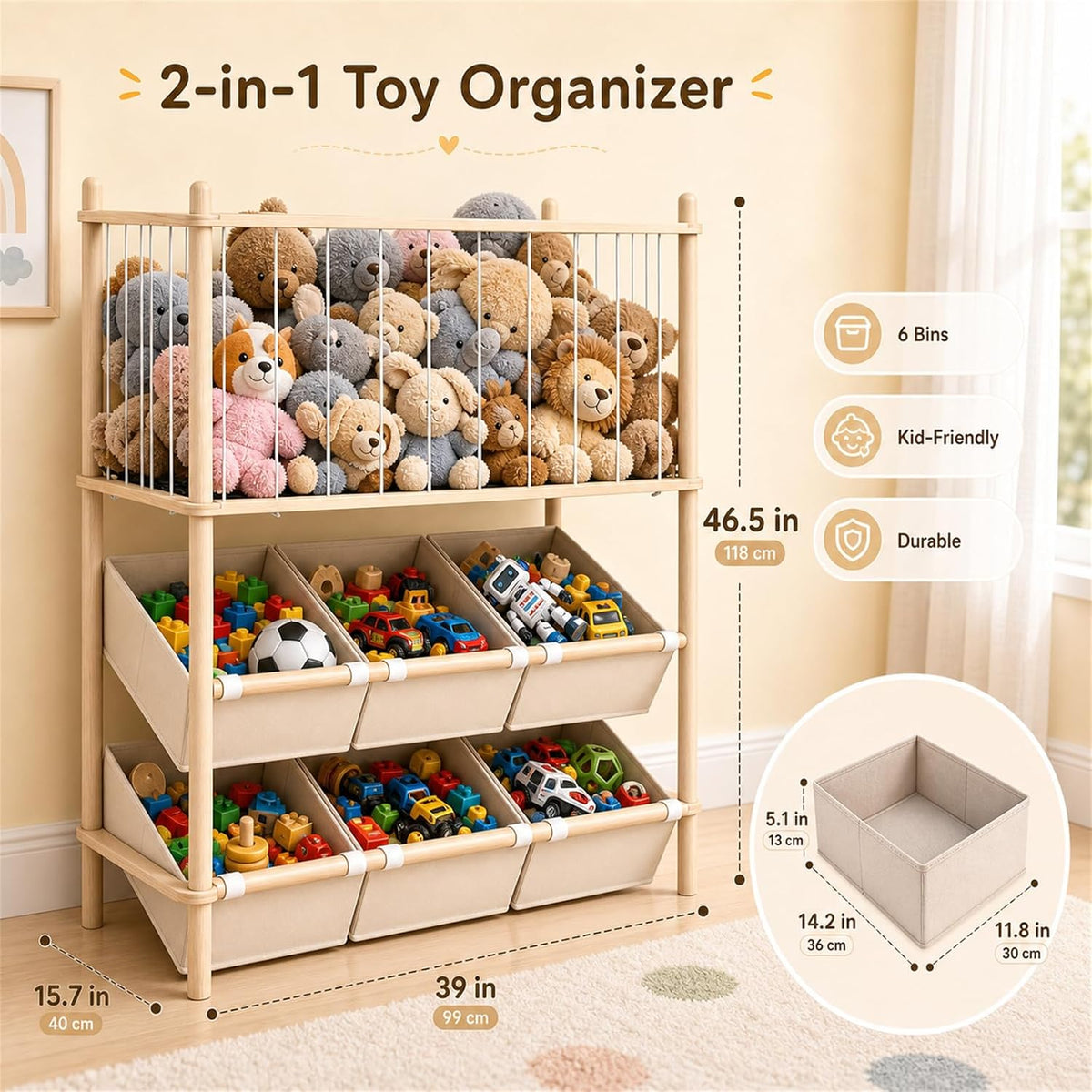 2-in-1 Stuffed Animal Storage & Toy Organizer for Kids Rooms, 6 Bins
