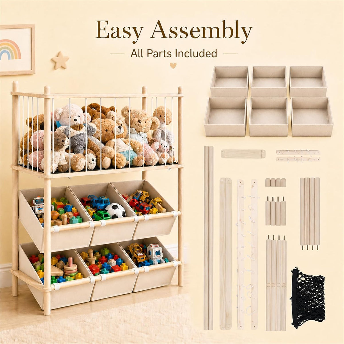 2-in-1 Stuffed Animal Storage & Toy Organizer for Kids Rooms, 6 Bins