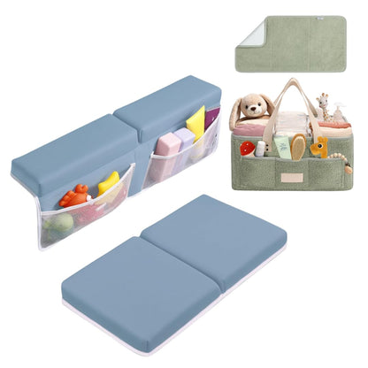 Bath Kneeler and Elbow Rest Pad (Blue) and Teddy Diaper Caddy with Changing Pad (Green) Bundle