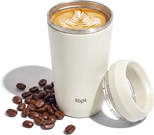 To Go Coffee Cup – Insulated Travel Coffee Mug with 360° Leak‑Safe Lid, Stainless Steel Coffee Tumbler for Hot/Cold, Spill‑Resistant, BPA‑Free - Salt, 12oz
