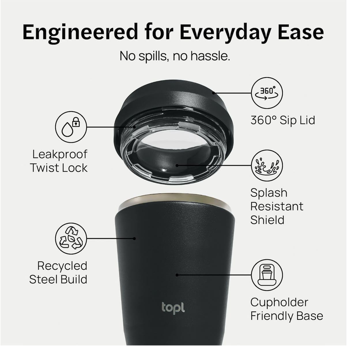 To Go Coffee Cup – Insulated Travel Coffee Mug with 360° Leak‑Safe Lid, Stainless Steel Coffee Tumbler for Hot/Cold, Spill‑Resistant, BPA‑Free - Salt, 12oz