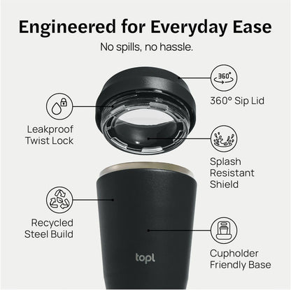 To Go Coffee Cup – Insulated Travel Coffee Mug with 360° Leak‑Safe Lid, Stainless Steel Coffee Tumbler for Hot/Cold, Spill‑Resistant, BPA‑Free - Salt, 12oz