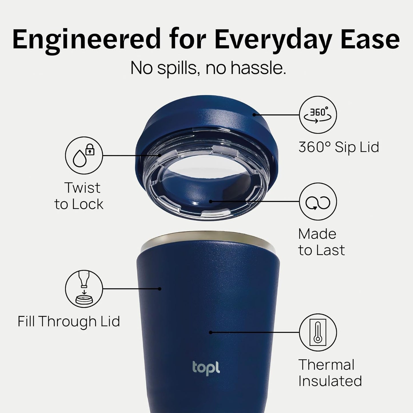To Go Coffee Cup – Insulated Travel Coffee Mug with 360° Leak‑Safe Lid, Stainless Steel Coffee Tumbler for Hot/Cold, Spill‑Resistant, BPA‑Free - Salt, 12oz