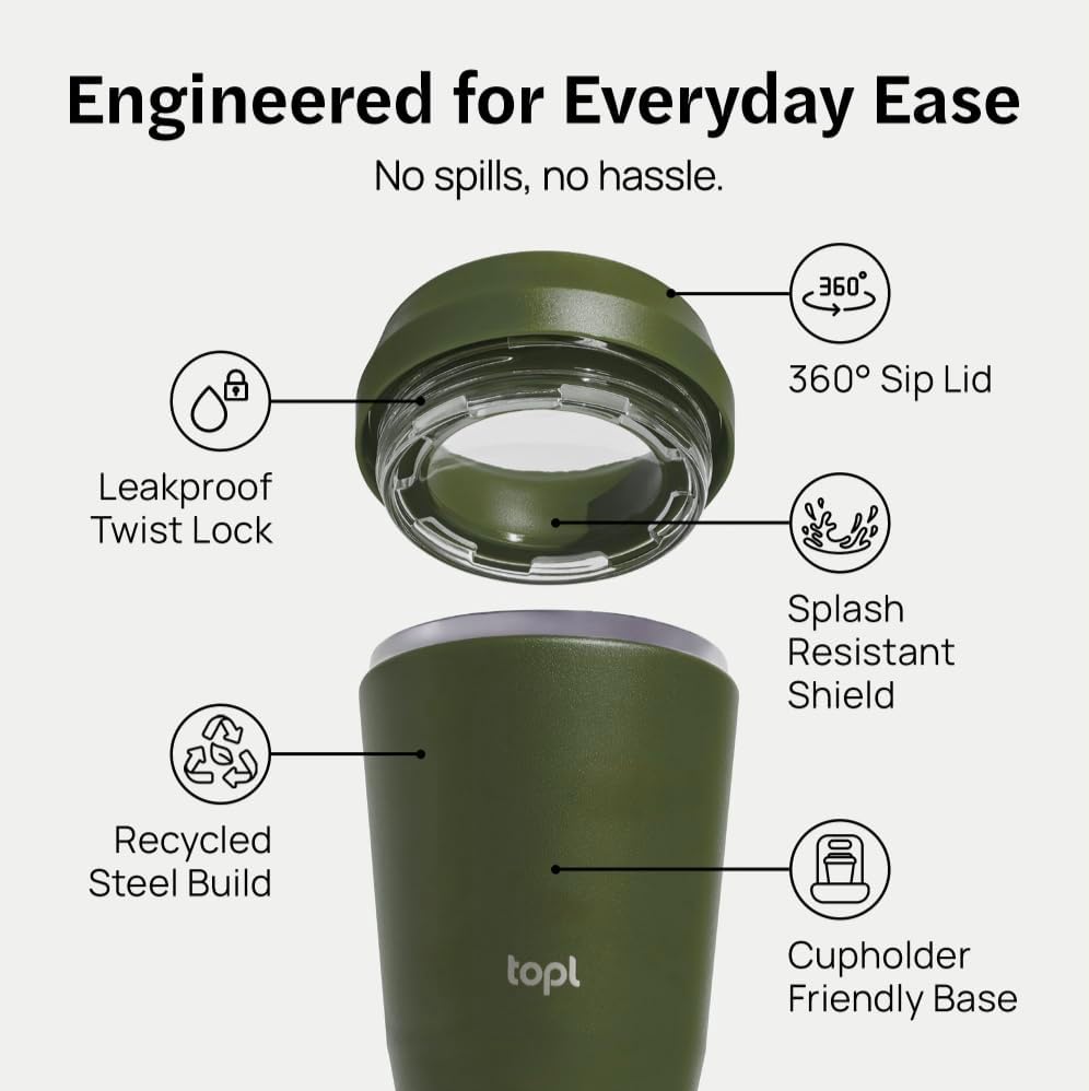 To Go Coffee Cup – Insulated Travel Coffee Mug with 360° Leak‑Safe Lid, Stainless Steel Coffee Tumbler for Hot/Cold, Spill‑Resistant, BPA‑Free - Salt, 12oz