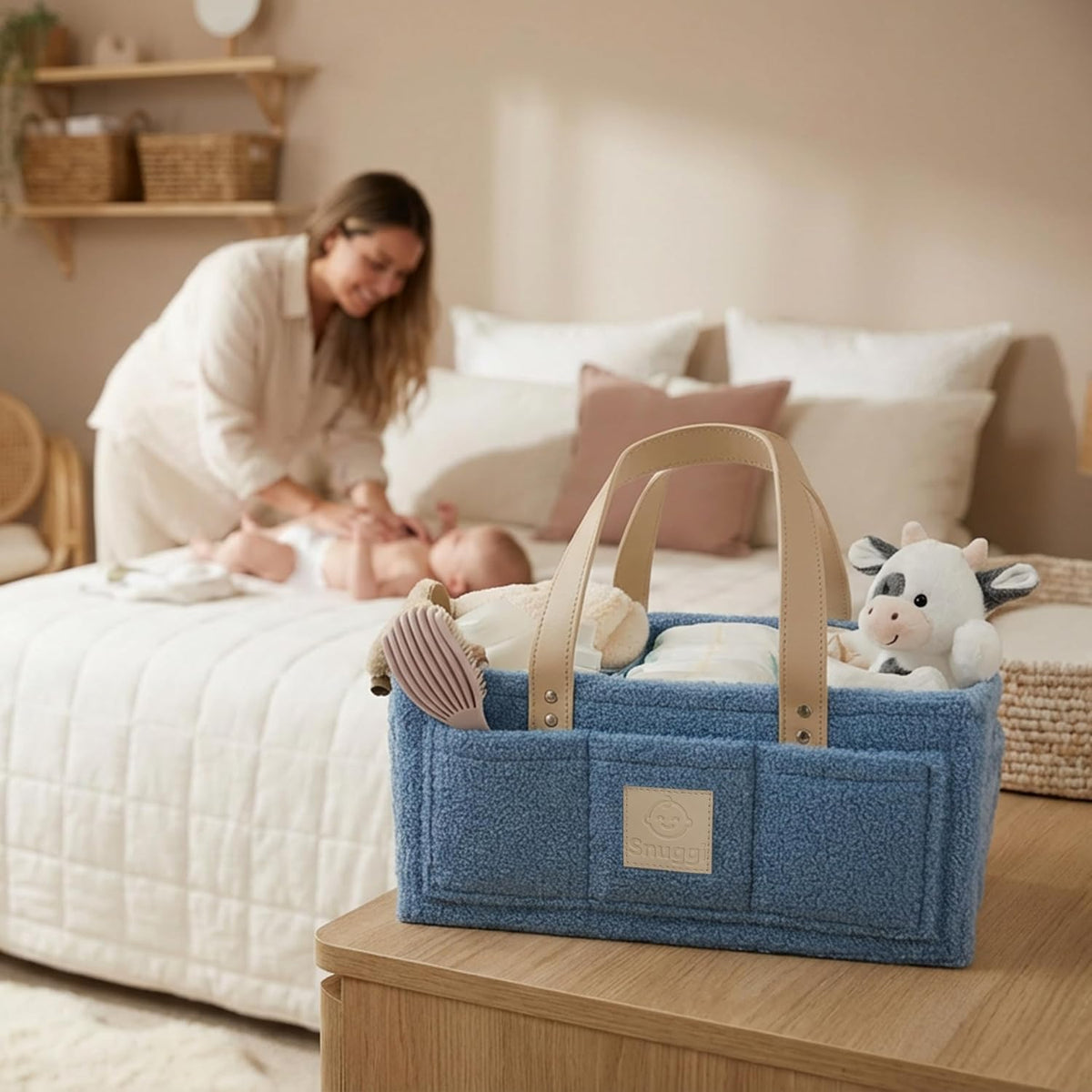 Baby Diaper Caddy Organizer with Handle & Toiletry Bag, Portable Nursery Storage Basket for Newborn Essentials, Baby Essentials,Portable Diaper Organizer, Baby Registry Must Have