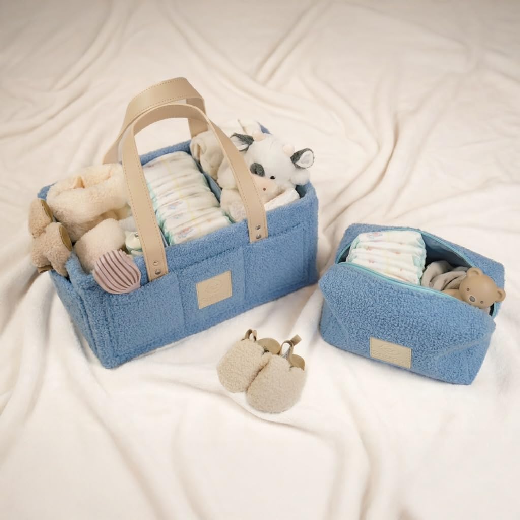 Baby Diaper Caddy Organizer with Handle & Toiletry Bag, Portable Nursery Storage Basket for Newborn Essentials, Baby Essentials,Portable Diaper Organizer, Baby Registry Must Have