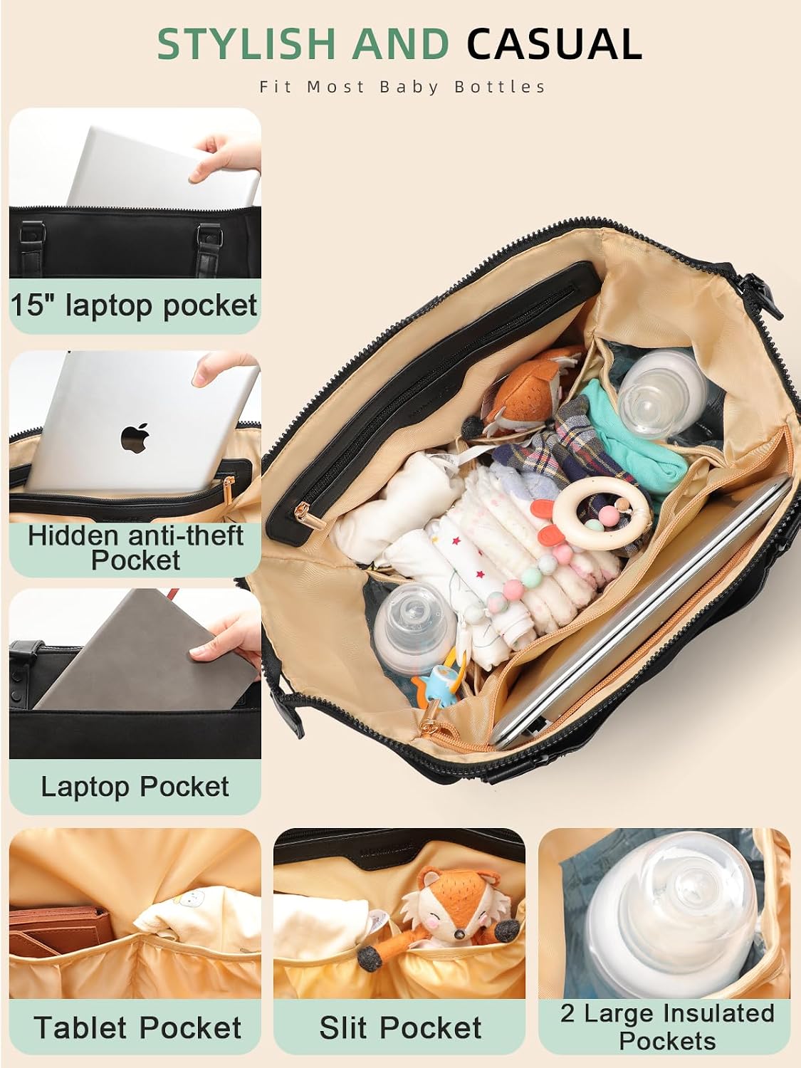 Neoprene Diaper Bag Tote, Diaper Bag Backpack pañaleras para bebe with Changing Station,14 Pockets Large Capacity Travel Diaper Bag for Mom, Convertible Diaper Tote, Black