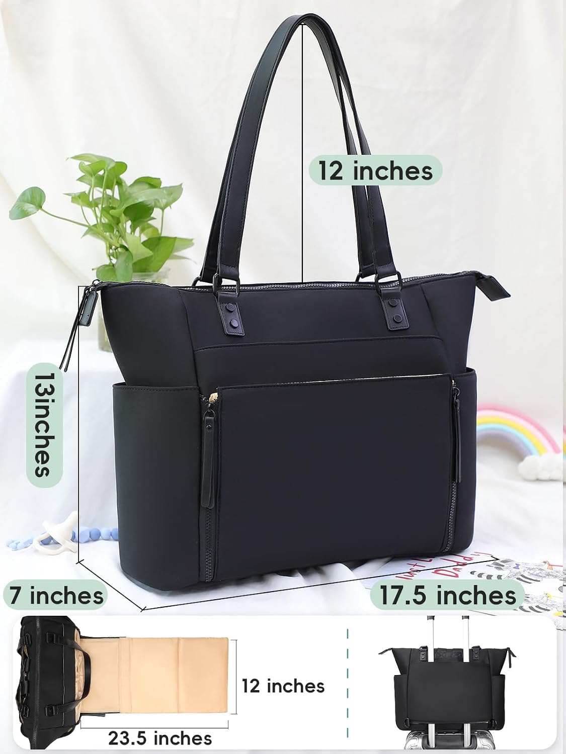 Neoprene Diaper Bag Tote, Diaper Bag Backpack pañaleras para bebe with Changing Station,14 Pockets Large Capacity Travel Diaper Bag for Mom, Convertible Diaper Tote, Black
