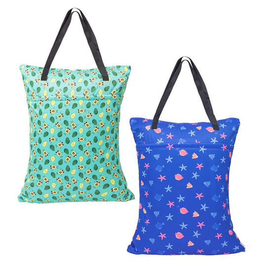 2 Pack Large Wet Dry Bag Waterproof Hanging Cloth Diaper with Double Zippered Pockets 25x18 inches (Feather & Stripe)