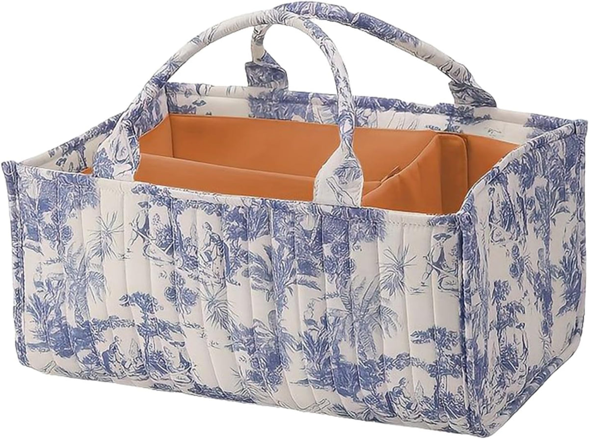 Floral Diaper Caddy Organizer, Quilted Baby Basket with Dividers Soft Nursery Storage Basket for Newborn Essentials