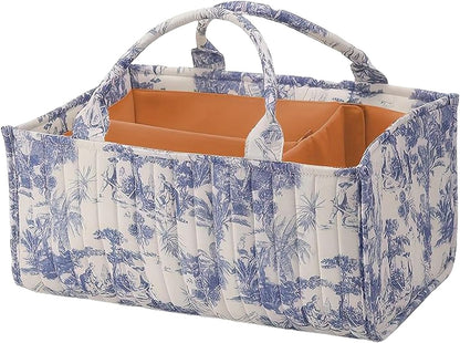 Floral Diaper Caddy Organizer, Quilted Baby Basket with Dividers Soft Nursery Storage Basket for Newborn Essentials