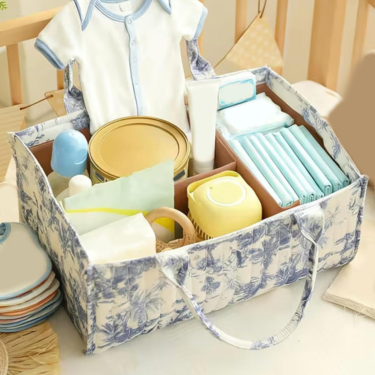 Floral Diaper Caddy Organizer, Quilted Baby Basket with Dividers Soft Nursery Storage Basket for Newborn Essentials