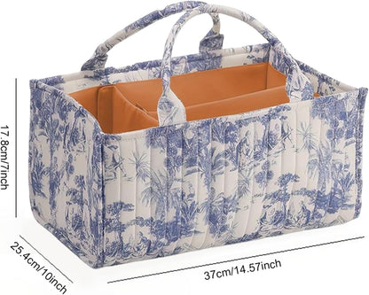 Floral Diaper Caddy Organizer, Quilted Baby Basket with Dividers Soft Nursery Storage Basket for Newborn Essentials