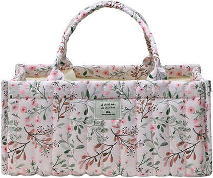 Floral Diaper Caddy Organizer, Quilted Baby Basket with Dividers Soft Nursery Storage Basket for Newborn Essentials