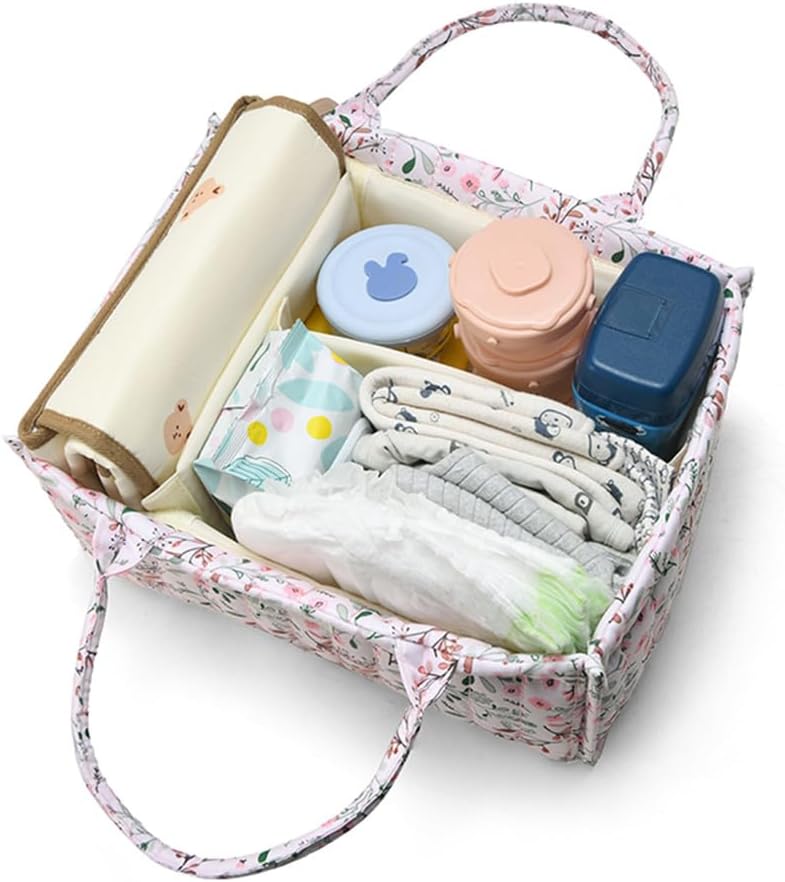 Floral Diaper Caddy Organizer, Quilted Baby Basket with Dividers Soft Nursery Storage Basket for Newborn Essentials
