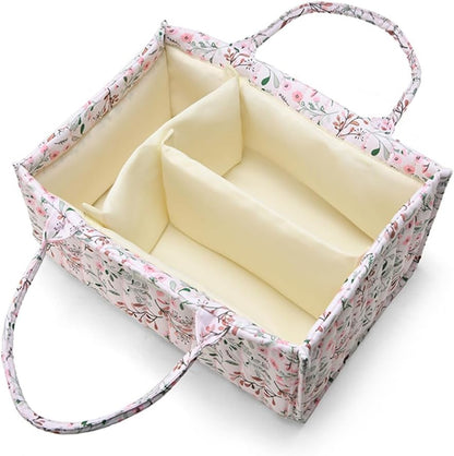 Floral Diaper Caddy Organizer, Quilted Baby Basket with Dividers Soft Nursery Storage Basket for Newborn Essentials