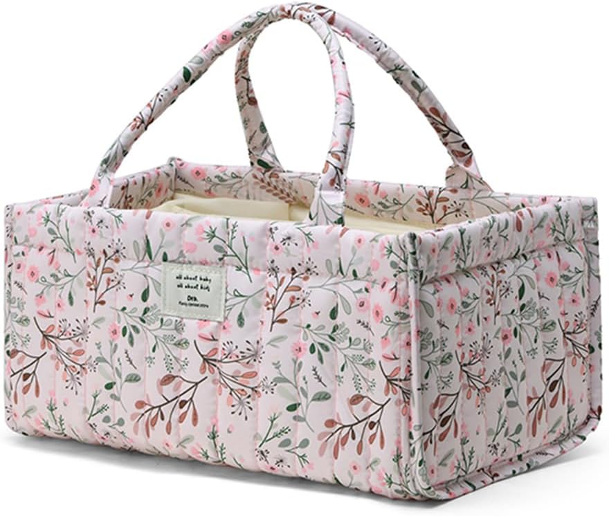 Floral Diaper Caddy Organizer, Quilted Baby Basket with Dividers Soft Nursery Storage Basket for Newborn Essentials