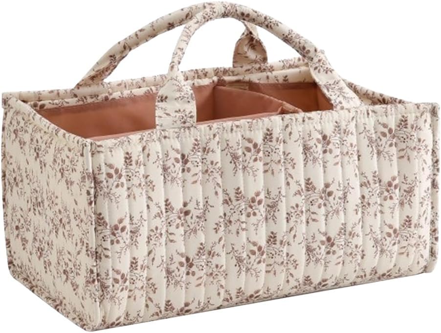 Floral Diaper Caddy Organizer, Quilted Baby Basket with Dividers Soft Nursery Storage Basket for Newborn Essentials