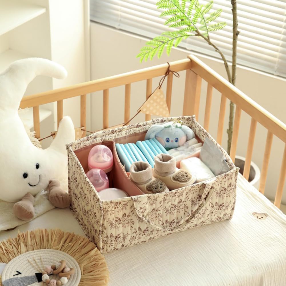 Floral Diaper Caddy Organizer, Quilted Baby Basket with Dividers Soft Nursery Storage Basket for Newborn Essentials