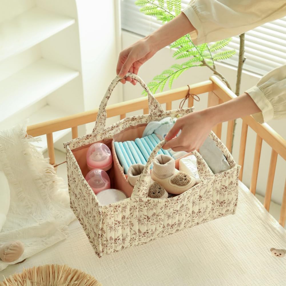Floral Diaper Caddy Organizer, Quilted Baby Basket with Dividers Soft Nursery Storage Basket for Newborn Essentials