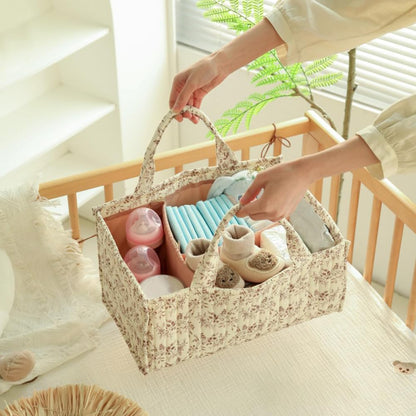 Floral Diaper Caddy Organizer, Quilted Baby Basket with Dividers Soft Nursery Storage Basket for Newborn Essentials