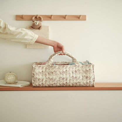 Floral Diaper Caddy Organizer, Quilted Baby Basket with Dividers Soft Nursery Storage Basket for Newborn Essentials
