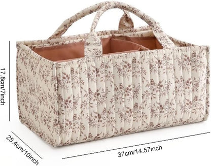 Floral Diaper Caddy Organizer, Quilted Baby Basket with Dividers Soft Nursery Storage Basket for Newborn Essentials