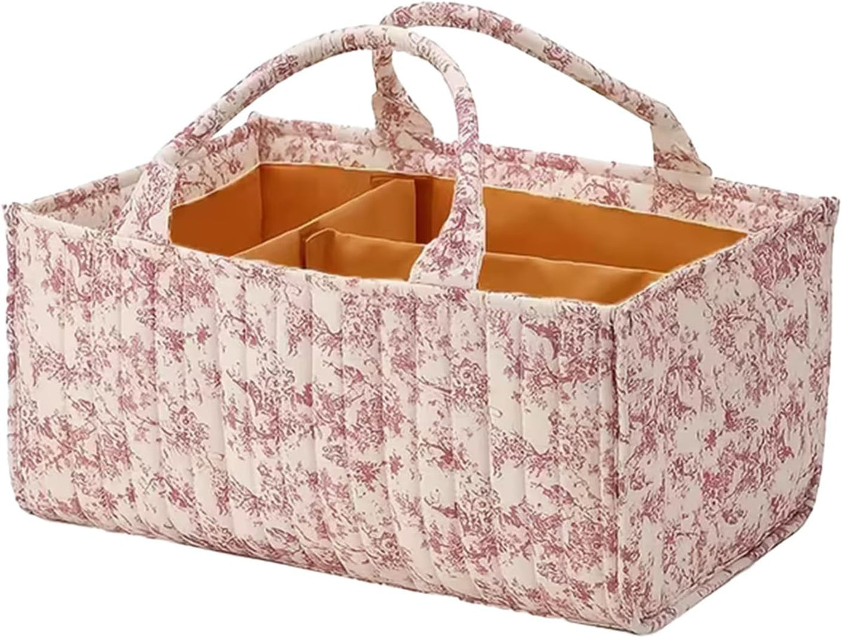 Floral Diaper Caddy Organizer, Quilted Baby Basket with Dividers Soft Nursery Storage Basket for Newborn Essentials