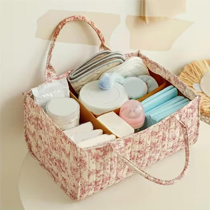 Floral Diaper Caddy Organizer, Quilted Baby Basket with Dividers Soft Nursery Storage Basket for Newborn Essentials