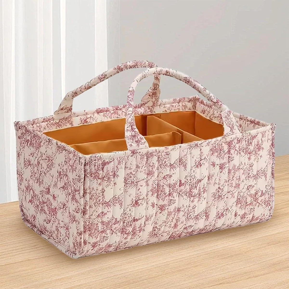 Floral Diaper Caddy Organizer, Quilted Baby Basket with Dividers Soft Nursery Storage Basket for Newborn Essentials