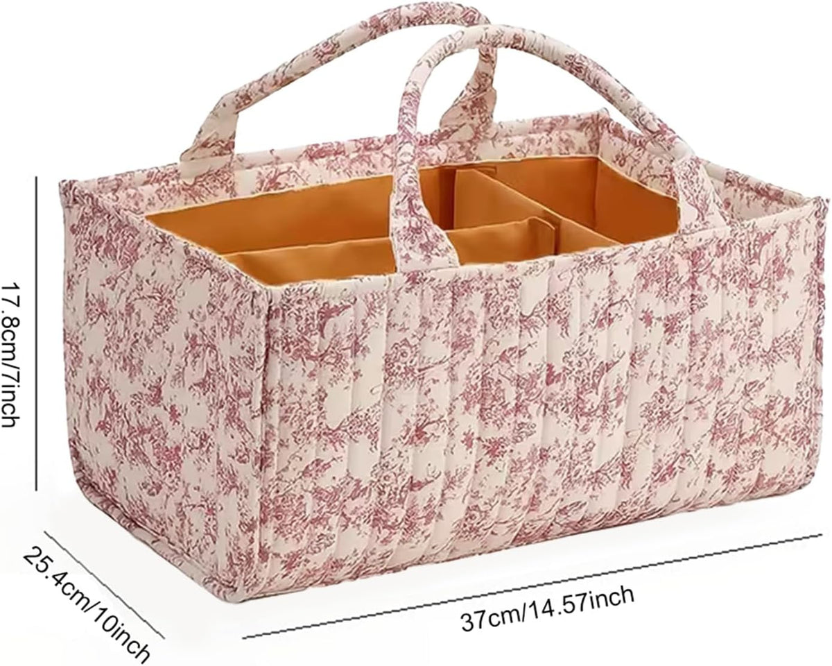 Floral Diaper Caddy Organizer, Quilted Baby Basket with Dividers Soft Nursery Storage Basket for Newborn Essentials