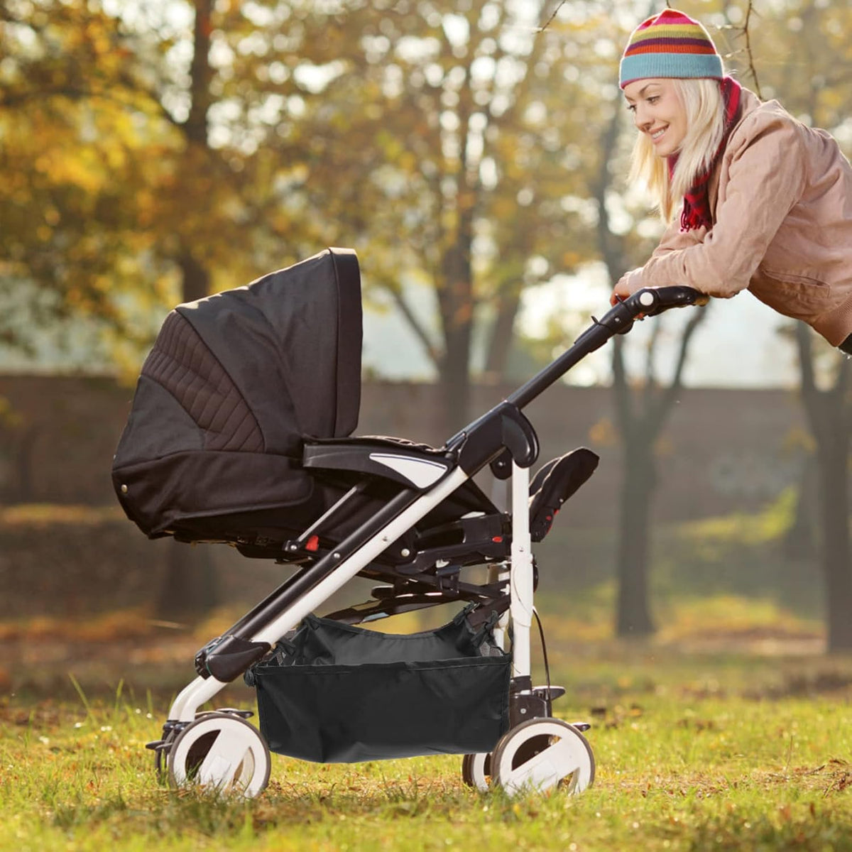 Baby Stroller Storage Mesh Bag Stroller Bottom Basket Universal Storage Attachment Bottom Basket for Organizer for Bottles Diapers Shopping 13.77 X 13.77 X 5.11 in