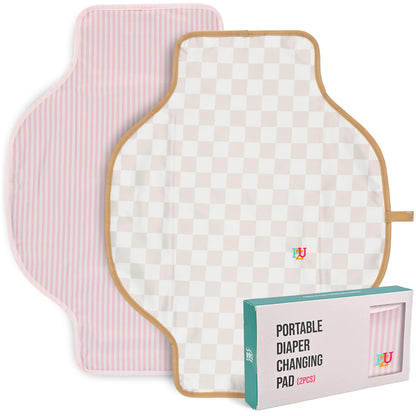 2 Pack Portable Diaper Changing Pad - Waterproof Travel Changing Mat with Built-in Pillow, Gifts for Baby Shower, Newborn Girls & Boys (Pink Stripes, Beige Checkers)