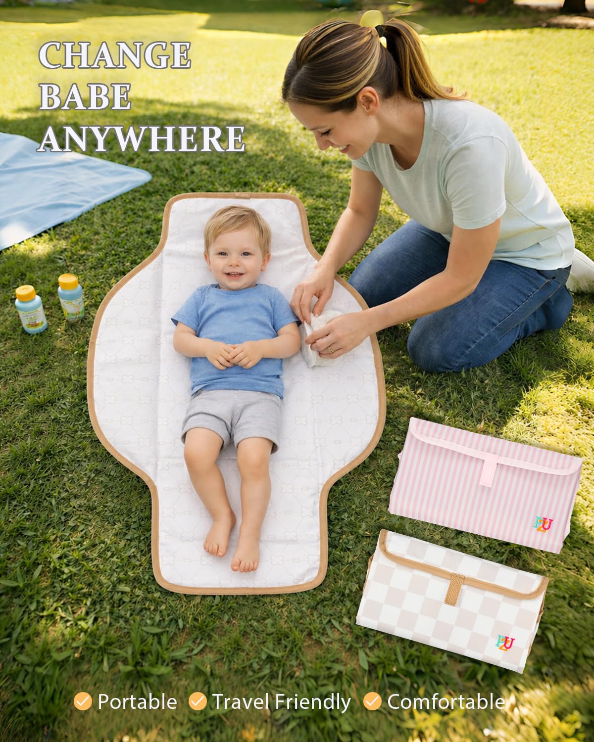 2 Pack Portable Diaper Changing Pad - Waterproof Travel Changing Mat with Built-in Pillow, Gifts for Baby Shower, Newborn Girls & Boys (Pink Stripes, Beige Checkers)