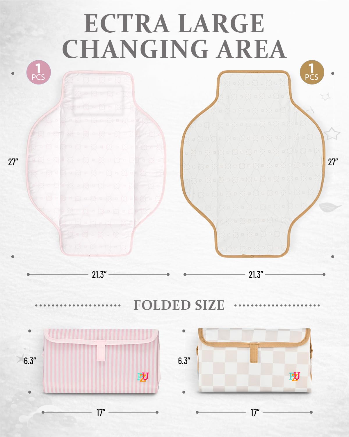 2 Pack Portable Diaper Changing Pad - Waterproof Travel Changing Mat with Built-in Pillow, Gifts for Baby Shower, Newborn Girls & Boys (Pink Stripes, Beige Checkers)